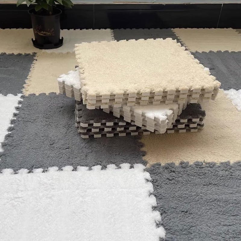 Typutomi 12pcs Plush Puzzle Foam Floor Mat, Cute Soft Fluffy Interlocking Square Foam Tiles Area Rugs Carpet for Parlor Bedroom Decoration(11.8x11.8x0.4in, Grey&White&Light Brown) - Image 1